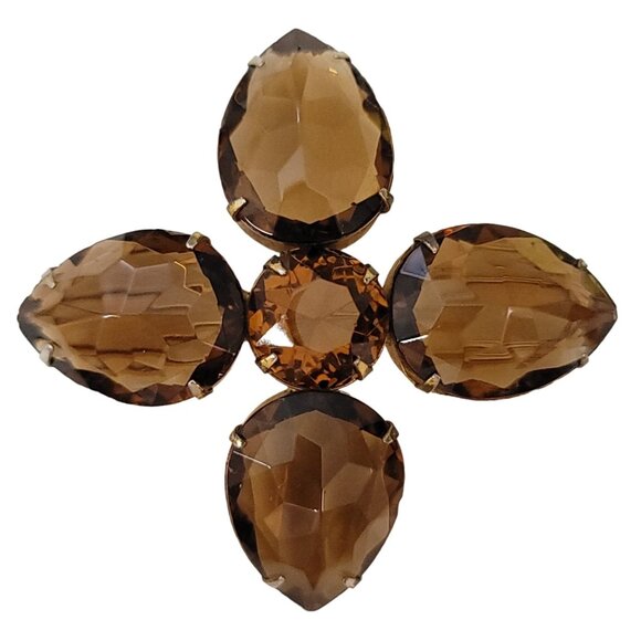 Jeanne Gold Tone Smoky Rhinestone Maltese Cross Brooch Signed